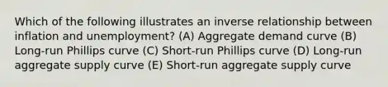 Which of the following illustrates an <a href='https://www.questionai.com/knowledge/kc6KNK1VxL-inverse-relation' class='anchor-knowledge'>inverse relation</a>ship between inflation and unemployment? (A) Aggregate demand curve (B) Long-run Phillips curve (C) Short-run Phillips curve (D) Long-run aggregate supply curve (E) Short-run aggregate supply curve