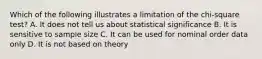 Which of the following illustrates a limitation of the chi-square test? A. It does not tell us about statistical significance B. It is sensitive to sample size C. It can be used for nominal order data only D. It is not based on theory