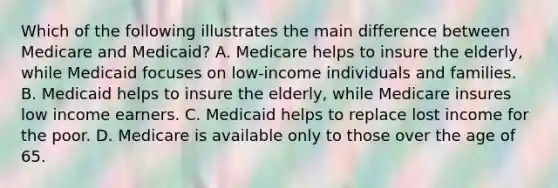 Which of the following illustrates the main difference between Medicare and Medicaid? A. Medicare helps to insure the elderly, while Medicaid focuses on low-income individuals and families. B. Medicaid helps to insure the elderly, while Medicare insures low income earners. C. Medicaid helps to replace lost income for the poor. D. Medicare is available only to those over the age of 65.