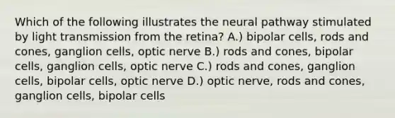 Which of the following illustrates the neural pathway stimulated by light transmission from the retina? A.) bipolar cells, rods and cones, ganglion cells, optic nerve B.) rods and cones, bipolar cells, ganglion cells, optic nerve C.) rods and cones, ganglion cells, bipolar cells, optic nerve D.) optic nerve, rods and cones, ganglion cells, bipolar cells