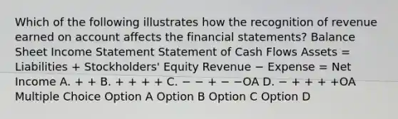 Which of the following illustrates how the recognition of revenue earned on account affects the financial statements? Balance Sheet Income Statement Statement of Cash Flows Assets = Liabilities + Stockholders' Equity Revenue − Expense = Net Income A. + + B. + + + + C. − − + − −OA D. − + + + +OA Multiple Choice Option A Option B Option C Option D