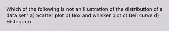 Which of the following is not an illustration of the distribution of a data set? a) Scatter plot b) Box and whisker plot c) Bell curve d) Histogram