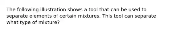 The following illustration shows a tool that can be used to separate elements of certain mixtures. This tool can separate what type of mixture?