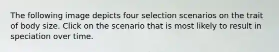 The following image depicts four selection scenarios on the trait of body size. Click on the scenario that is most likely to result in speciation over time.