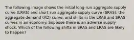 The following image shows the initial long-run aggregate supply curve (LRAS) and short-run aggregate supply curve (SRAS), the aggregate demand (AD) curve, and shifts in the LRAS and SRAS curves in an economy. Suppose there is an adverse supply shock. Which of the following shifts in SRAS and LRAS are likely to happen?