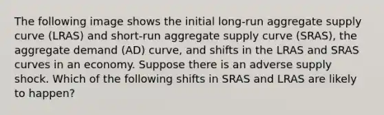 The following image shows the initial long-run aggregate supply curve (LRAS) and short-run aggregate supply curve (SRAS), the aggregate demand (AD) curve, and shifts in the LRAS and SRAS curves in an economy. Suppose there is an adverse supply shock. Which of the following shifts in SRAS and LRAS are likely to happen?