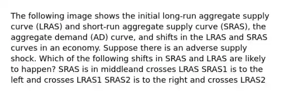 The following image shows the initial long-run aggregate supply curve (LRAS) and short-run aggregate supply curve (SRAS), the aggregate demand (AD) curve, and shifts in the LRAS and SRAS curves in an economy. Suppose there is an adverse supply shock. Which of the following shifts in SRAS and LRAS are likely to happen? SRAS is in middleand crosses LRAS SRAS1 is to the left and crosses LRAS1 SRAS2 is to the right and crosses LRAS2