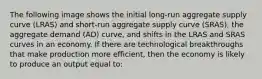 The following image shows the initial long-run aggregate supply curve (LRAS) and short-run aggregate supply curve (SRAS), the aggregate demand (AD) curve, and shifts in the LRAS and SRAS curves in an economy. If there are technological breakthroughs that make production more efficient, then the economy is likely to produce an output equal to: