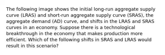 The following image shows the initial long-run aggregate supply curve (LRAS) and short-run aggregate supply curve (SRAS), the aggregate demand (AD) curve, and shifts in the LRAS and SRAS curves in an economy. Suppose there is a technological breakthrough in the economy that makes production more efficient. Which of the following shifts in SRAS and LRAS would result in this scenario?