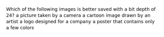 Which of the following images is better saved with a bit depth of 24? a picture taken by a camera a cartoon image drawn by an artist a logo designed for a company a poster that contains only a few colors