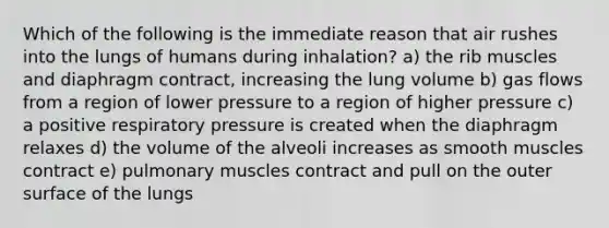 Which of the following is the immediate reason that air rushes into the lungs of humans during inhalation? a) the rib muscles and diaphragm contract, increasing the lung volume b) gas flows from a region of lower pressure to a region of higher pressure c) a positive respiratory pressure is created when the diaphragm relaxes d) the volume of the alveoli increases as smooth muscles contract e) pulmonary muscles contract and pull on the outer surface of the lungs