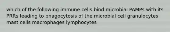 which of the following immune cells bind microbial PAMPs with its PRRs leading to phagocytosis of the microbial cell granulocytes mast cells macrophages lymphocytes