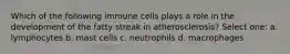 Which of the following immune cells plays a role in the development of the fatty streak in atherosclerosis? Select one: a. lymphocytes b. mast cells c. neutrophils d. macrophages