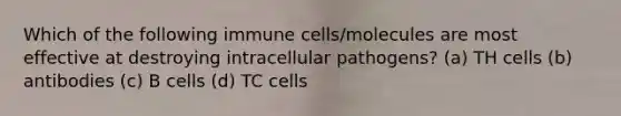 Which of the following immune cells/molecules are most effective at destroying intracellular pathogens? (a) TH cells (b) antibodies (c) B cells (d) TC cells