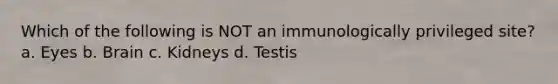 Which of the following is NOT an immunologically privileged site? a. Eyes b. Brain c. Kidneys d. Testis