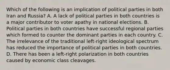 Which of the following is an implication of political parties in both Iran and Russia? A. A lack of political parties in both countries is a major contributor to voter apathy in national elections. B. Political parties in both countries have successful regional parties which formed to counter the dominant parties in each country. C. The irrelevance of the traditional left-right ideological spectrum has reduced the importance of political parties in both countries. D. There has been a left-right polarization in both countries caused by economic class cleavages.