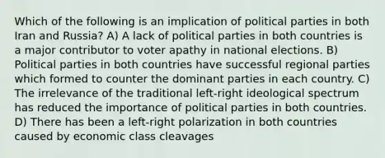 Which of the following is an implication of political parties in both Iran and Russia? A) A lack of political parties in both countries is a major contributor to voter apathy in national elections. B) Political parties in both countries have successful regional parties which formed to counter the dominant parties in each country. C) The irrelevance of the traditional left-right ideological spectrum has reduced the importance of political parties in both countries. D) There has been a left-right polarization in both countries caused by economic class cleavages