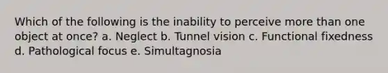 Which of the following is the inability to perceive more than one object at once? a. Neglect b. Tunnel vision c. Functional fixedness d. Pathological focus e. Simultagnosia