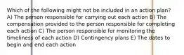 Which of the following might not be included in an action plan? A) The person responsible for carrying out each action B) The compensation provided to the person responsible for completing each action C) The person responsible for monitoring the timeliness of each action D) Contingency plans E) The dates to begin and end each action