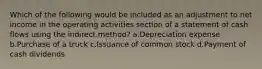 Which of the following would be included as an adjustment to net income in the operating activities section of a statement of cash flows using the indirect method? a.Depreciation expense b.Purchase of a truck c.Issuance of common stock d.Payment of cash dividends