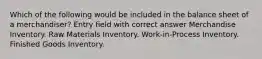 Which of the following would be included in the balance sheet of a merchandiser? Entry field with correct answer Merchandise Inventory. Raw Materials Inventory. Work-in-Process Inventory. Finished Goods Inventory.