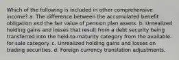 Which of the following is included in other comprehensive income? a. The difference between the accumulated benefit obligation and the fair value of pension plan assets. b. Unrealized holding gains and losses that result from a debt security being transferred into the held-to-maturity category from the available-for-sale category. c. Unrealized holding gains and losses on trading securities. d. Foreign currency translation adjustments.