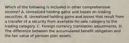 Which of the following is included in other comprehensive income? A. Unrealized holding gains and losses on trading securities. B. Unrealized holding gains and losses that result from a transfer of a security from available-for-sale category to the trading category. C. Foreign currency translation adjustments. D. The difference between the accumulated benefit obligation and the fair value of pension plan assets.