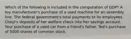 Which of the following is included in the computation of GDP? A toy manufacturer's purchase of a used machine for an assembly line. The federal government's total payments to its employees. Cheyl's deposits of her welfare check into her savings account. Your purchase of a used car from a friend's father. Ted's purchase of 5000 shares of common stock.