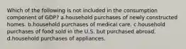 Which of the following is not included in the consumption component of GDP? a.household purchases of newly constructed homes. b.household purchases of medical care. c.household purchases of food sold in the U.S. but purchased abroad. d.household purchases of appliances.