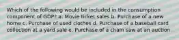 Which of the following would be included in the consumption component of GDP? a. Movie ticket sales b. Purchase of a new home c. Purchase of used clothes d. Purchase of a baseball card collection at a yard sale e. Purchase of a chain saw at an auction