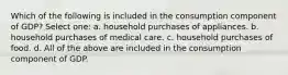 Which of the following is included in the consumption component of GDP? Select one: a. household purchases of appliances. b. household purchases of medical care. c. household purchases of food. d. All of the above are included in the consumption component of GDP.