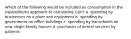 Which of the following would be included as consumption in the expenditures approach to calculating GDP? a. spending by businesses on a plant and equipment b. spending by government on office buildings c. spending by households on new single-family houses d. purchases of dental services by patients