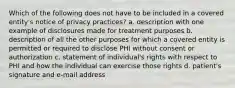 Which of the following does not have to be included in a covered entity's notice of privacy practices? a. description with one example of disclosures made for treatment purposes b. description of all the other purposes for which a covered entity is permitted or required to disclose PHI without consent or authorization c. statement of individual's rights with respect to PHI and how the individual can exercise those rights d. patient's signature and e-mail address