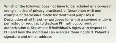 Which of the following does not have to be included in a covered entity's notice of privacy practices? a. Description with one example of disclosures made for treatment purposes b. Description of all the other purposes for which a covered entity is permitted or required to disclose PHI without consent or authorization c. Statement if individual's rights with respect to PHI and how the individual can exercise those rights d. Patient's signature and e-mail address