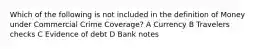 Which of the following is not included in the definition of Money under Commercial Crime Coverage? A Currency B Travelers checks C Evidence of debt D Bank notes