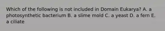Which of the following is not included in Domain Eukarya? A. a photosynthetic bacterium B. a slime mold C. a yeast D. a fern E. a ciliate