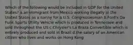 Which of the following would be included in GDP for the United States? a.an immigrant from Mexico working illegally in the United States as a nanny for a U.S. Congresswoman b.Ford's Da Funk Sports Utility Vehicle which is produced in Tennessee and sold throughout the US c.Chrysler's La Braza Convertible which is entirely produced and sold in Brazil d.the salary of an American citizen who lives and works on Hong Kong