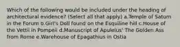 Which of the following would be included under the heading of architectural evidence? (Select all that apply) a.Temple of Saturn in the Forum b.Girl's Doll found on the Esquiline hill c.House of the Vettii in Pompeii d.Manuscript of Apuleius' The Golden Ass from Rome e.Warehouse of Epagathius in Ostia