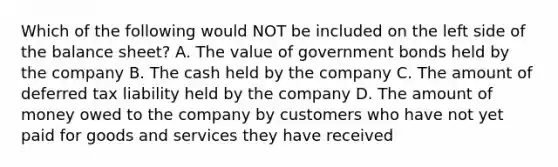 Which of the following would NOT be included on the left side of the balance sheet? A. The value of government bonds held by the company B. The cash held by the company C. The amount of deferred tax liability held by the company D. The amount of money owed to the company by customers who have not yet paid for goods and services they have received