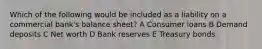 Which of the following would be included as a liability on a commercial bank's balance sheet? A Consumer loans B Demand deposits C Net worth D Bank reserves E Treasury bonds