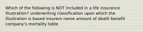 Which of the following is NOT included in a life insurance illustration? underwriting classification upon which the illustration is based insurers name amount of death benefit company's mortality table