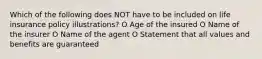 Which of the following does NOT have to be included on life insurance policy illustrations? O Age of the insured O Name of the insurer O Name of the agent O Statement that all values and benefits are guaranteed