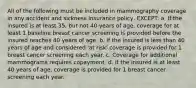 All of the following must be included in mammography coverage in any accident and sickness insurance policy, EXCEPT: a. If the insured is at least 35, but not 40 years of age, coverage for at least 1 baseline breast cancer screening is provided before the insured reaches 40 years of age. b. If the insured is less than 40 years of age and considered 'at risk' coverage is provided for 1 breast cancer screening each year. c. Coverage for additional mammograms requires copayment. d. If the insured is at least 40 years of age, coverage is provided for 1 breast cancer screening each year.