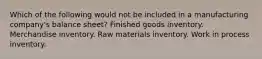 Which of the following would not be included in a manufacturing company's balance sheet? Finished goods inventory. Merchandise inventory. Raw materials inventory. Work in process inventory.