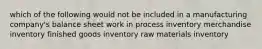 which of the following would not be included in a manufacturing company's balance sheet work in process inventory merchandise inventory finished goods inventory raw materials inventory