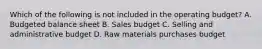 Which of the following is not included in the operating budget? A. Budgeted balance sheet B. Sales budget C. Selling and administrative budget D. Raw materials purchases budget