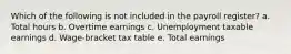 Which of the following is not included in the payroll register? a. Total hours b. Overtime earnings c. Unemployment taxable earnings d. Wage-bracket tax table e. Total earnings