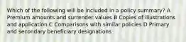 Which of the following will be included in a policy summary? A Premium amounts and surrender values B Copies of illustrations and application C Comparisons with similar policies D Primary and secondary beneficiary designations