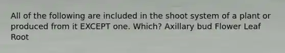 All of the following are included in the shoot system of a plant or produced from it EXCEPT one. Which? Axillary bud Flower Leaf Root
