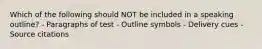 Which of the following should NOT be included in a speaking outline? - Paragraphs of test - Outline symbols - Delivery cues - Source citations